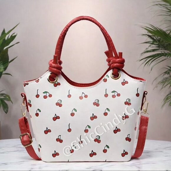 Handbags - Small Cherry Print Top Handle Crossbody Bag Red & White Structured Purse NWT